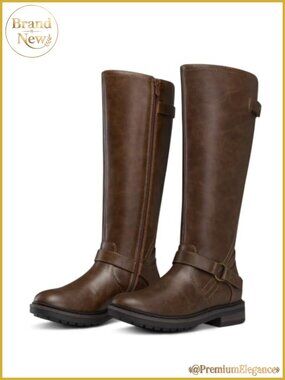 Women's Faux Leather Knee High Boots Low Block Heel Round Toe Tall Boots